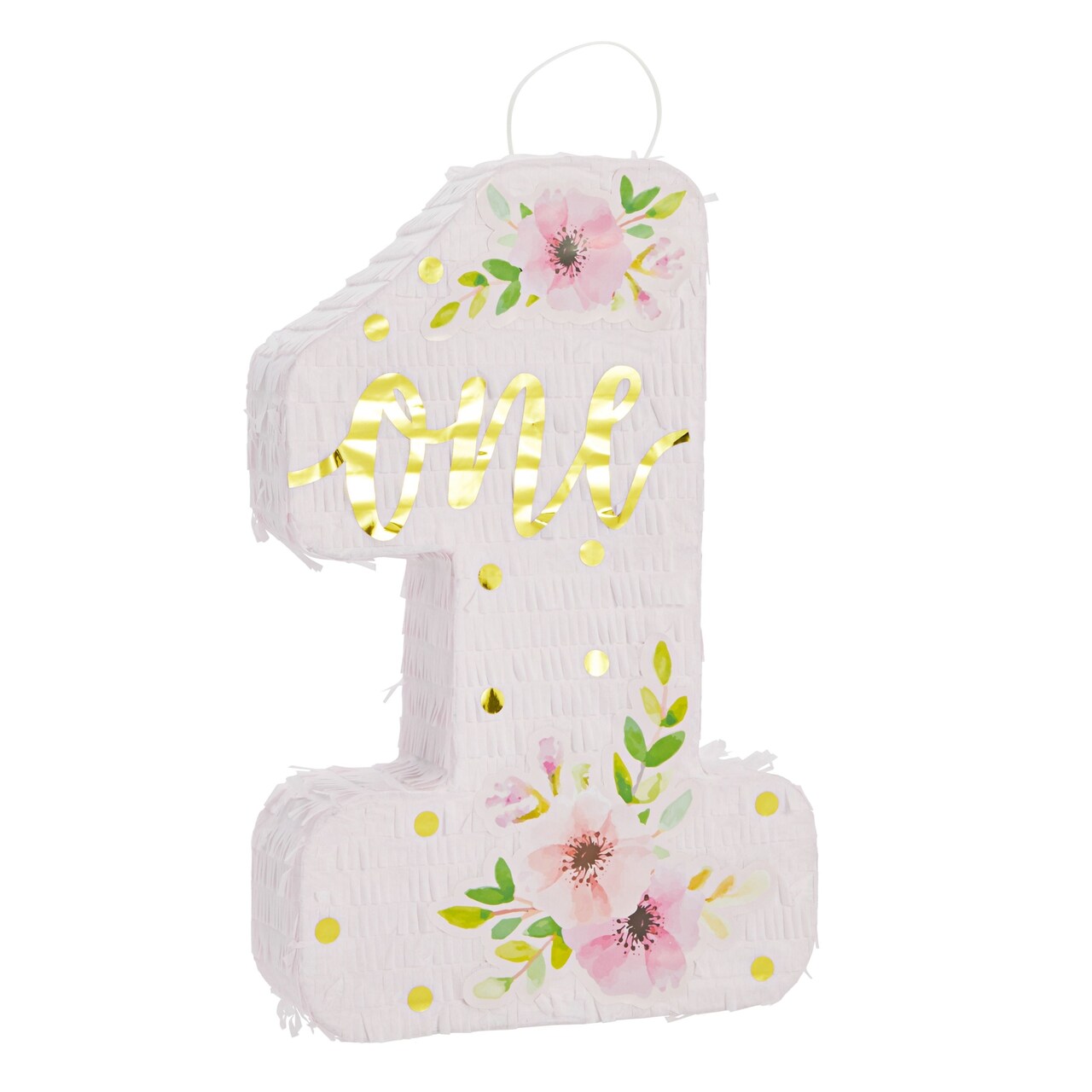 Pink Floral Number 1 Pinata for Girl's 1st Birthday Party Decorations, Gold Foil "One" and Hibiscus Print Designs (16.5 x 11 x 3 In, Small)